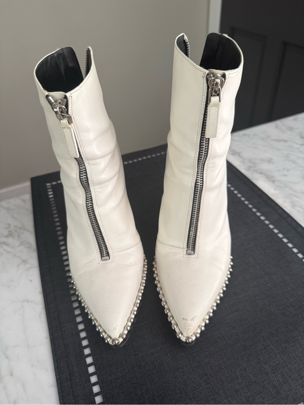 Alexander Wang white pointed toe studded heel bootie